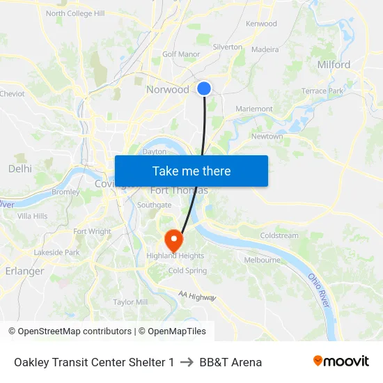 Oakley Transit Center Shelter 1 to BB&T Arena map