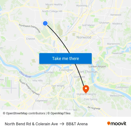 North Bend Rd & Colerain Ave to BB&T Arena map