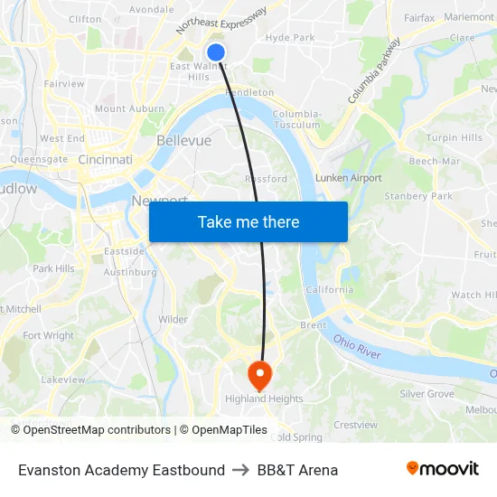 Evanston Academy Eastbound to BB&T Arena map