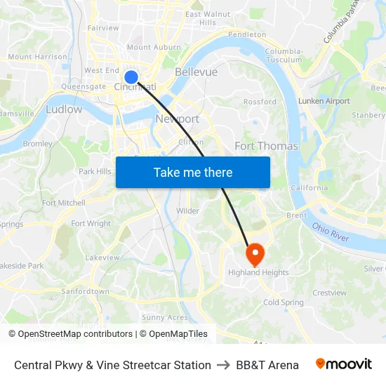 Central Pkwy & Vine Streetcar Station to BB&T Arena map