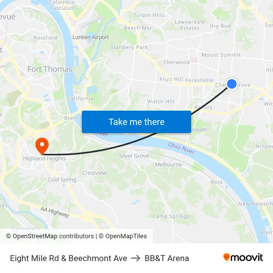 Eight Mile Rd & Beechmont Ave to BB&T Arena map