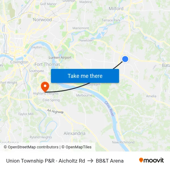 Union Township P&R - Aicholtz Rd to BB&T Arena map