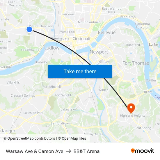 Warsaw Ave & Carson Ave to BB&T Arena map