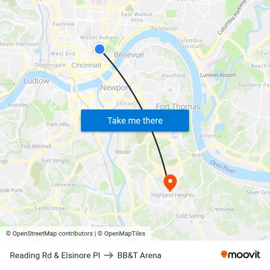 Reading Rd & Elsinore Pl to BB&T Arena map