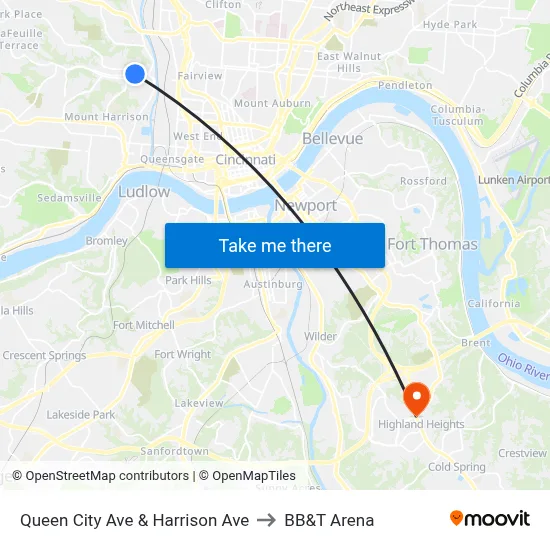 Queen City Ave & Harrison Ave to BB&T Arena map