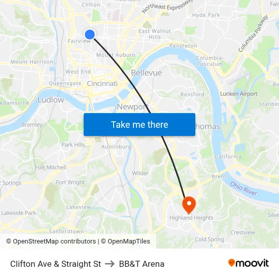 Clifton Ave & Straight St to BB&T Arena map
