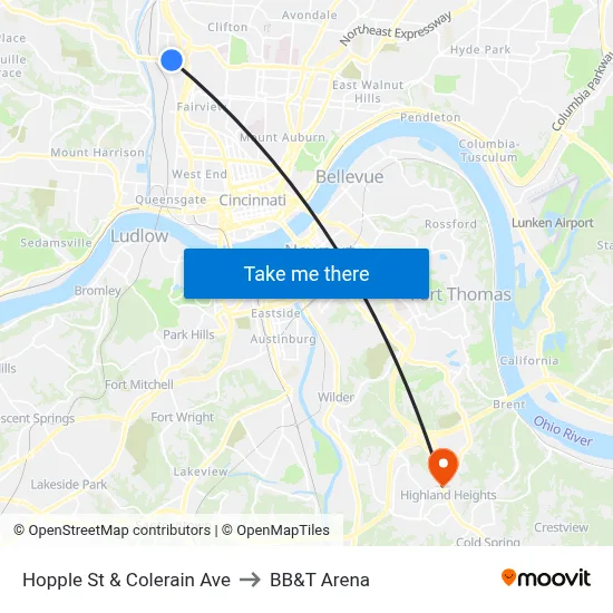 Hopple St & Colerain Ave to BB&T Arena map