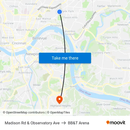 Madison Rd & Observatory Ave to BB&T Arena map