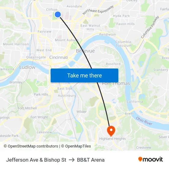 Jefferson Ave & Bishop St to BB&T Arena map