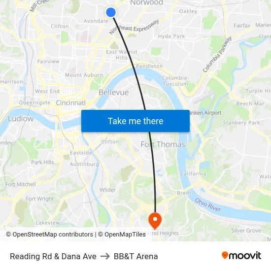 Reading Rd & Dana Ave to BB&T Arena map