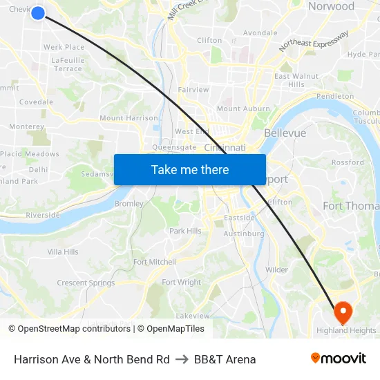 Harrison Ave & North Bend Rd to BB&T Arena map