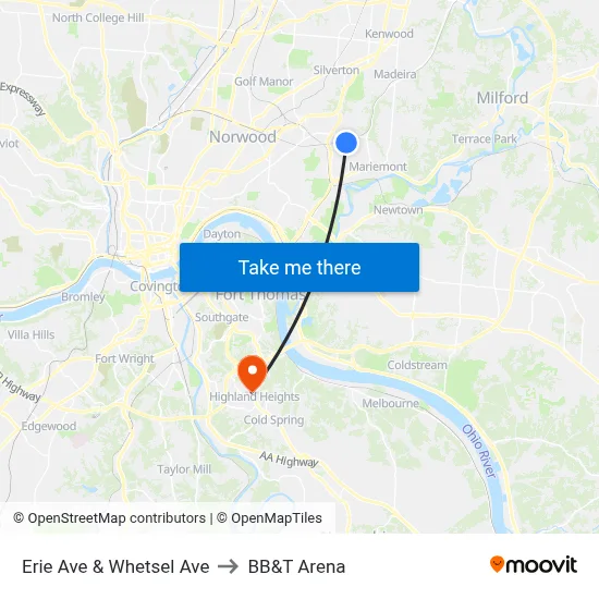 Erie Ave & Whetsel Ave to BB&T Arena map