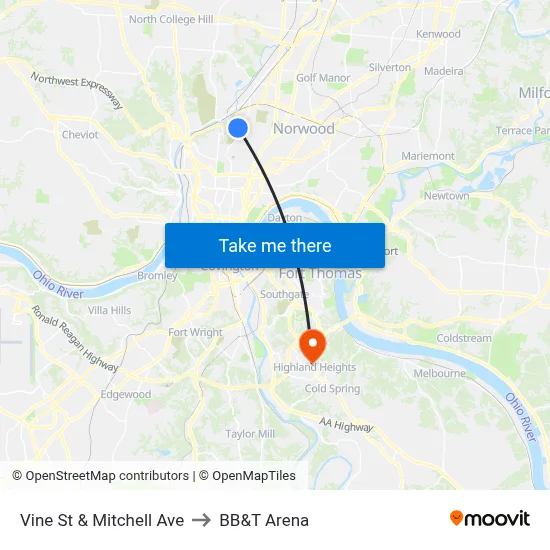 Vine St & Mitchell Ave to BB&T Arena map