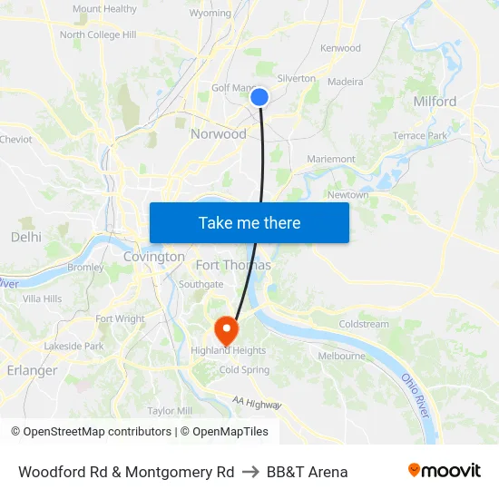 Woodford Rd & Montgomery Rd to BB&T Arena map