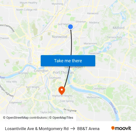 Losantiville Ave & Montgomery Rd to BB&T Arena map