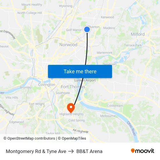 Montgomery Rd & Tyne Ave to BB&T Arena map