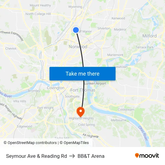 Seymour Ave & Reading Rd to BB&T Arena map
