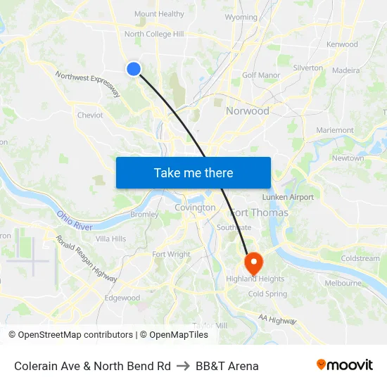 Colerain Ave & North Bend Rd to BB&T Arena map