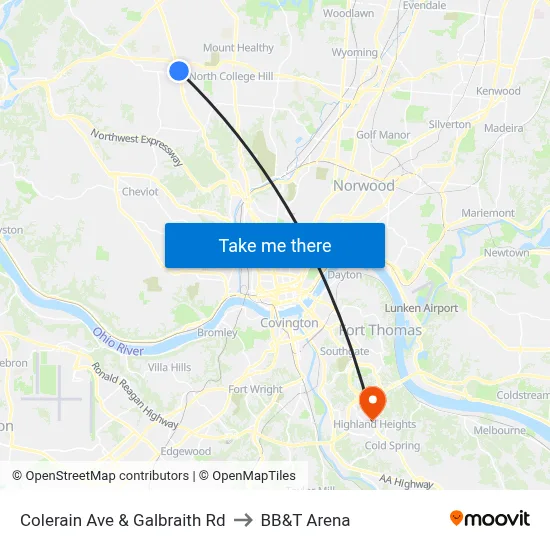 Colerain Ave & Galbraith Rd to BB&T Arena map