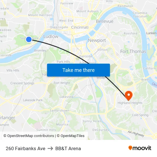 260 Fairbanks Ave to BB&T Arena map