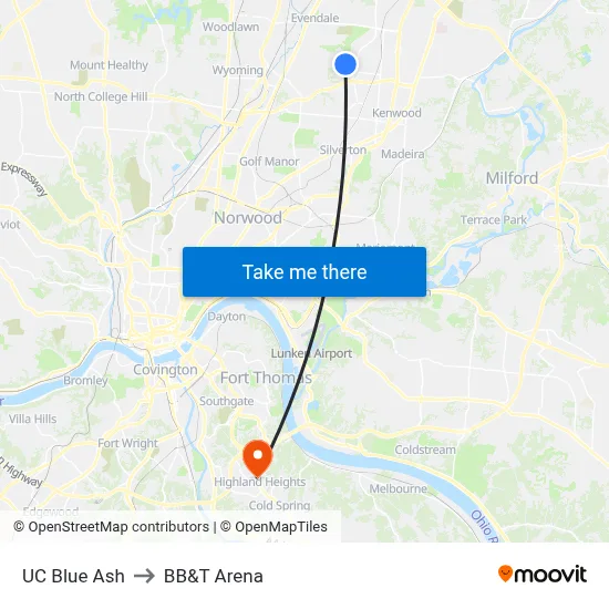 UC Blue Ash to BB&T Arena map