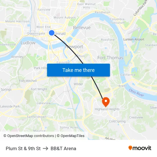 Plum St & 9th St to BB&T Arena map