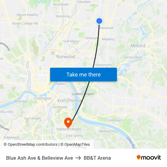 Blue Ash Ave & Belleview Ave to BB&T Arena map