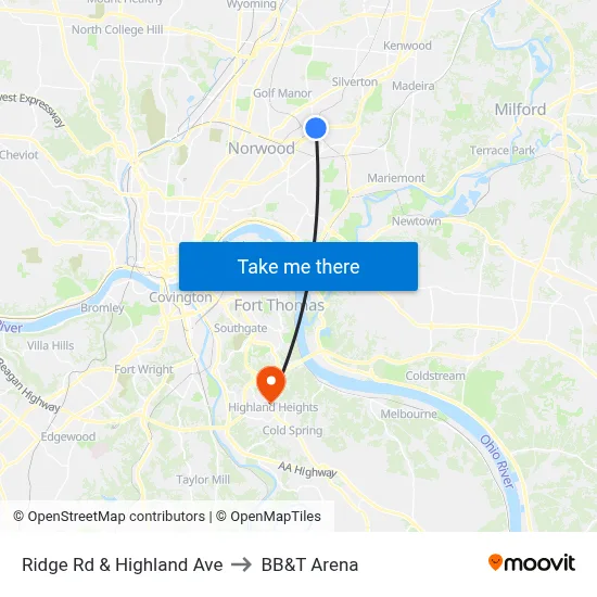 Ridge Rd & Highland Ave to BB&T Arena map