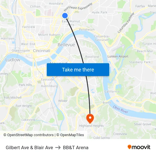 Gilbert Ave & Blair Ave to BB&T Arena map