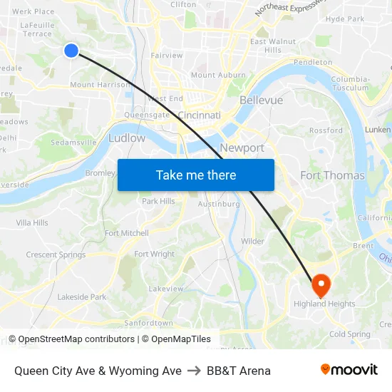 Queen City Ave & Wyoming Ave to BB&T Arena map