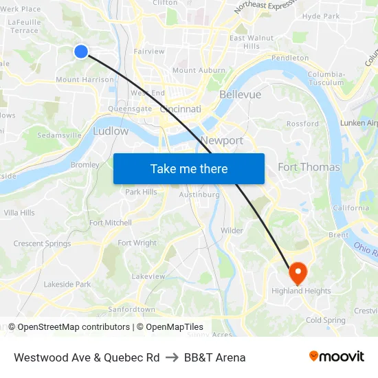 Westwood Ave & Quebec Rd to BB&T Arena map