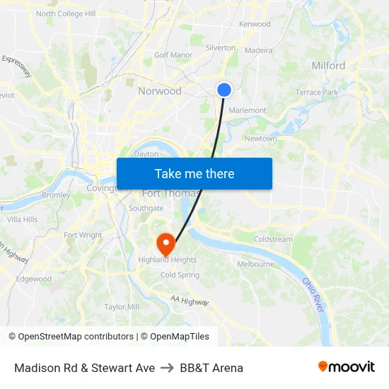 Madison Rd & Stewart Ave to BB&T Arena map