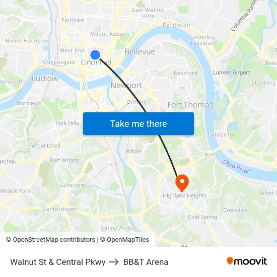 Walnut St & Central Pkwy to BB&T Arena map