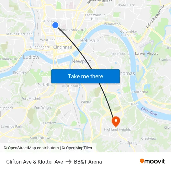 Clifton Ave & Klotter Ave to BB&T Arena map