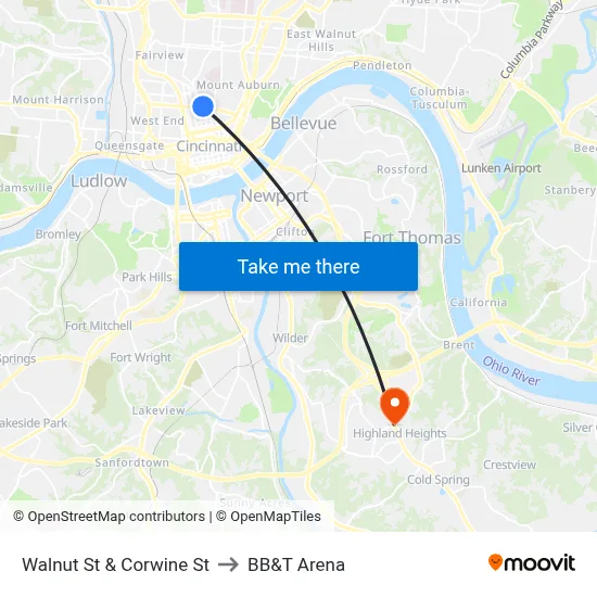 Walnut St & Corwine St to BB&T Arena map