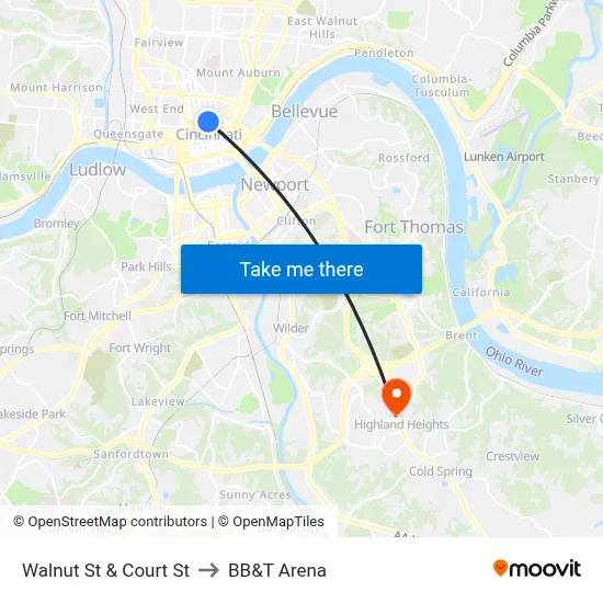 Walnut St & Court St to BB&T Arena map