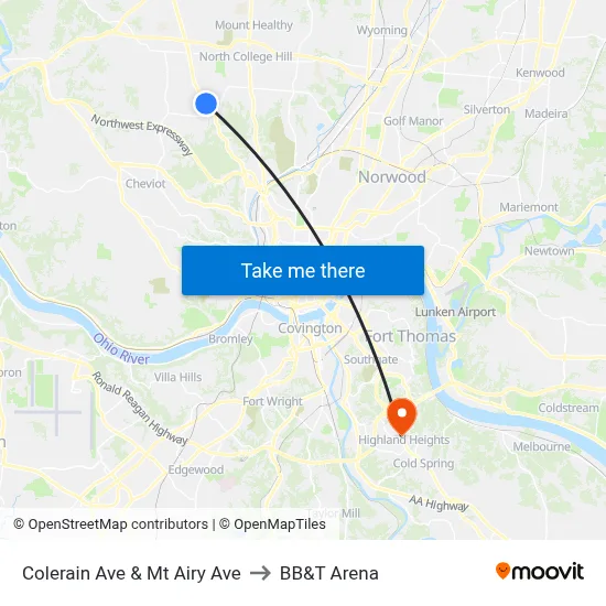 Colerain Ave & Mt Airy Ave to BB&T Arena map