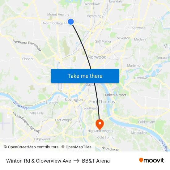 Winton Rd & Cloverview Ave to BB&T Arena map