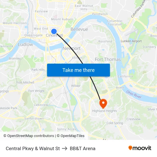 Central Pkwy & Walnut St to BB&T Arena map