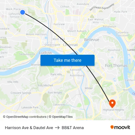 Harrison Ave & Dautel Ave to BB&T Arena map