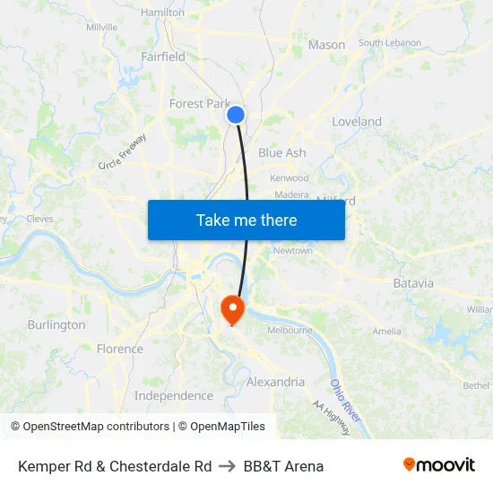 Kemper Rd & Chesterdale Rd to BB&T Arena map