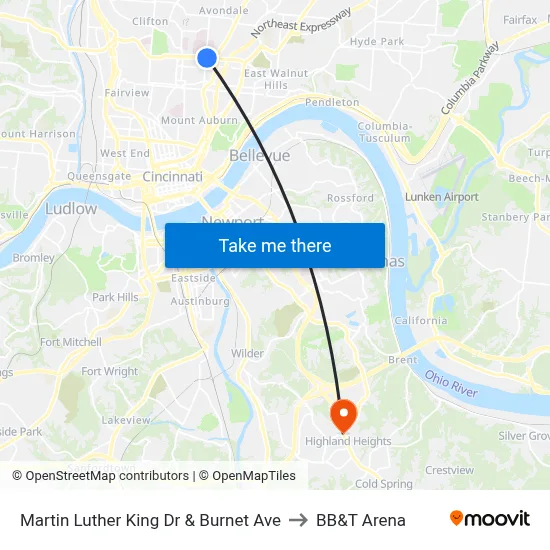 Martin Luther King Dr & Burnet Ave to BB&T Arena map