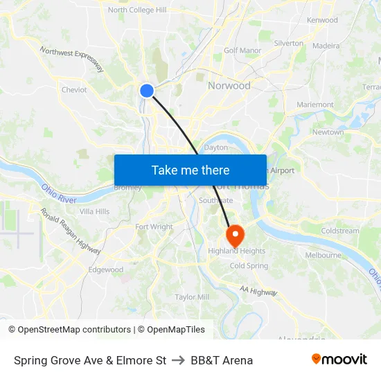 Spring Grove Ave & Elmore St to BB&T Arena map