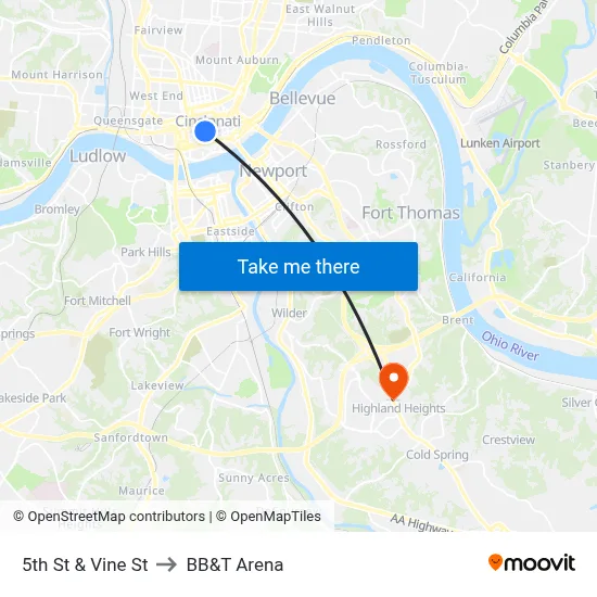 5th St & Vine St to BB&T Arena map