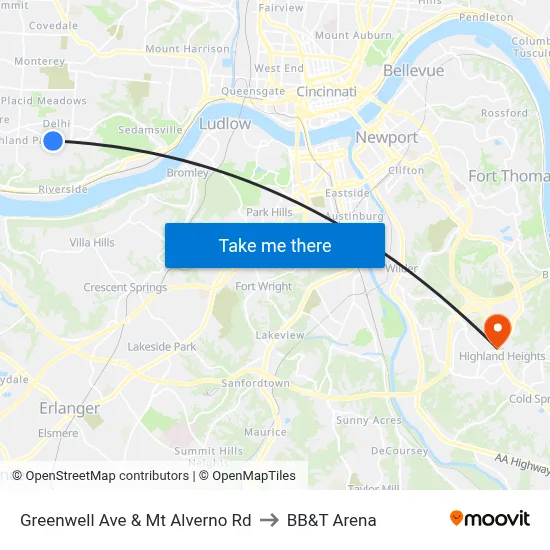 Greenwell Ave & Mt Alverno Rd to BB&T Arena map