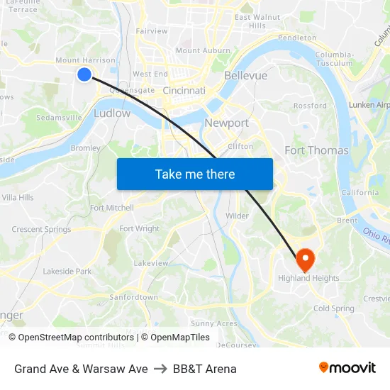 Grand Ave & Warsaw Ave to BB&T Arena map