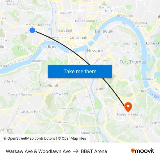 Warsaw Ave & Woodlawn Ave to BB&T Arena map