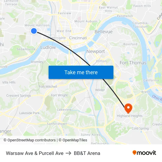 Warsaw Ave & Purcell Ave to BB&T Arena map