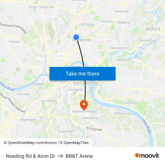 Reading Rd & Avon Dr to BB&T Arena map