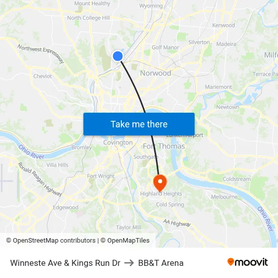 Winneste Ave & Kings Run Dr to BB&T Arena map
